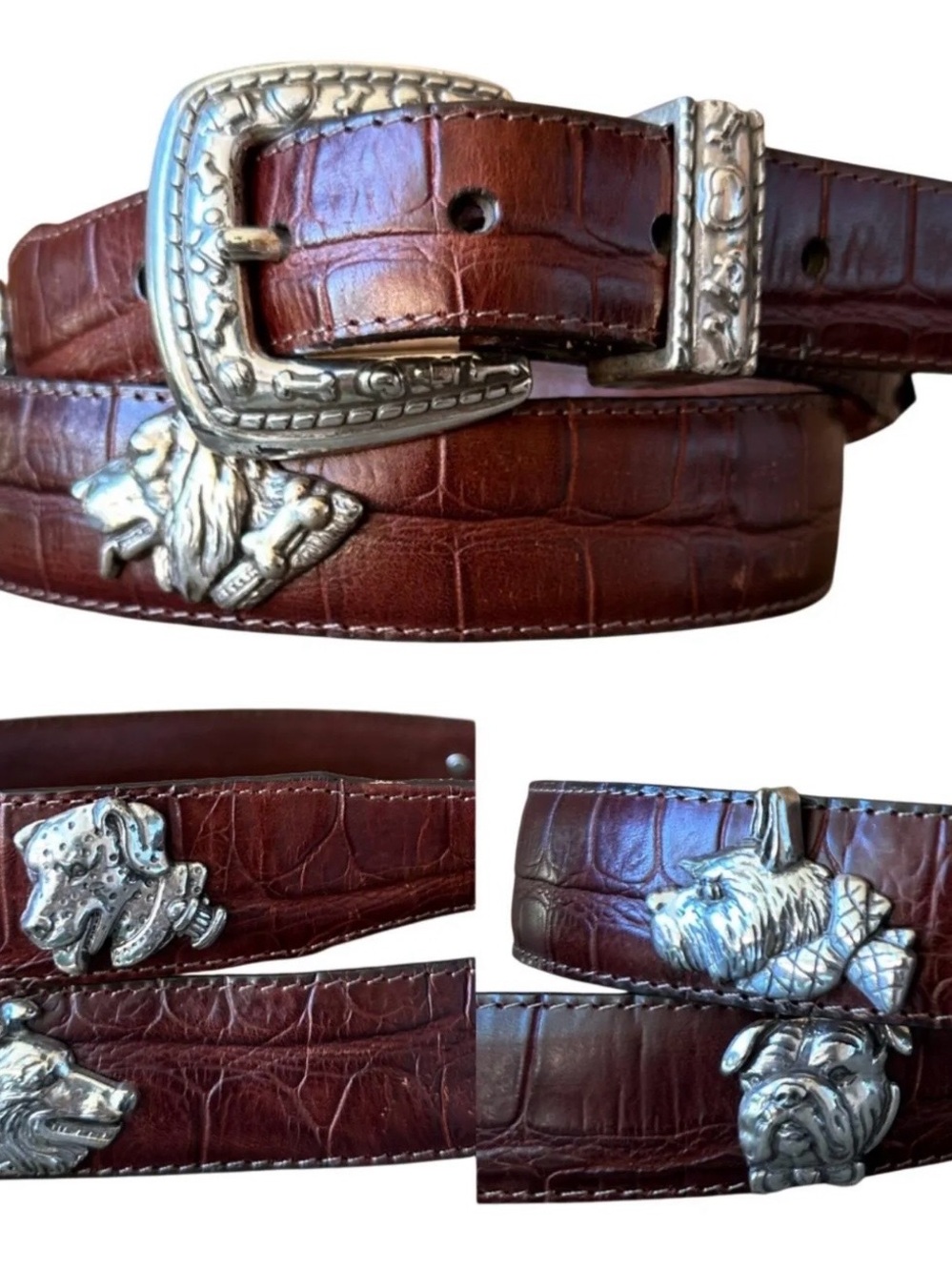 Vintage Talbots Brown Leather Belt With novelty Silver Dog accents